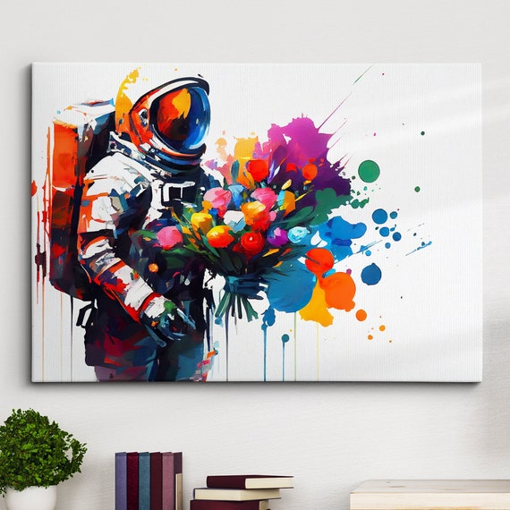 Astronaut Bouquet Flowers Burst Floral Abstract Oil Painting Wall Art Framed Canvas Poster Print Home Kitchen Office Room Decor Gifts