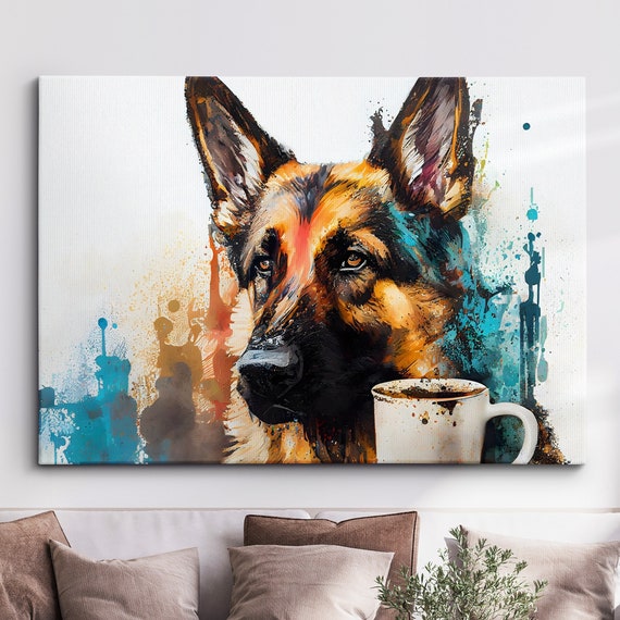 German Shepherd With Coffee Mug Dog Pet Abstract Modern Painting Wall Art Framed Canvas Poster Print Home Kitchen Office Room Decor Gifts
