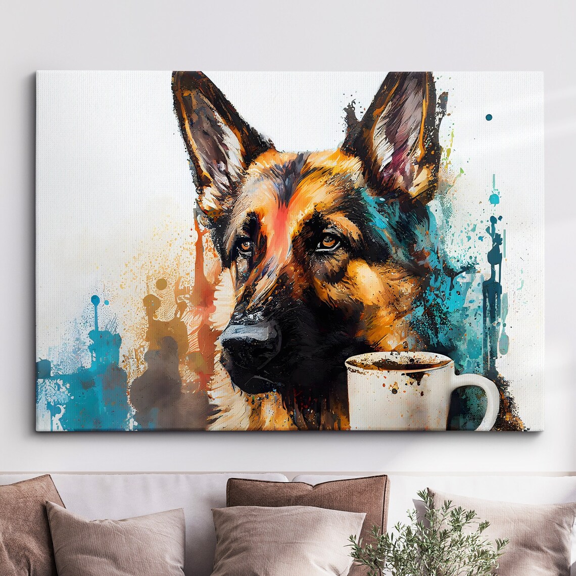 German Shepherd With Coffee Mug Colorful Watercolor Dog Art Poster