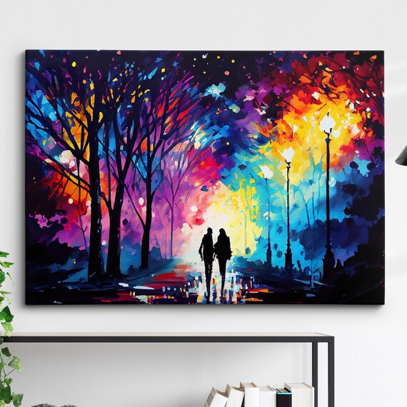 Couple Walking Starry Night Abstract Oil Painting Style Wall Art Framed Canvas Poster Print Home Kitchen Office Room Decor Gifts
