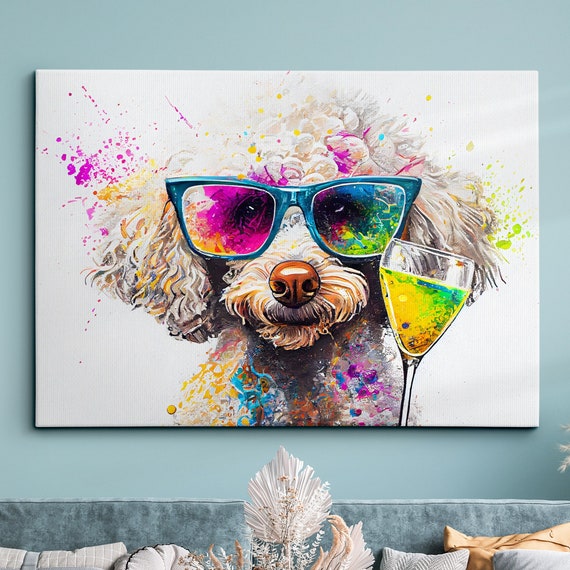 Poodle Toasting Drink Dog Pet Abstract Modern Painting Wall Art Framed Canvas Poster Print Home Kitchen Office Room Decor Gifts