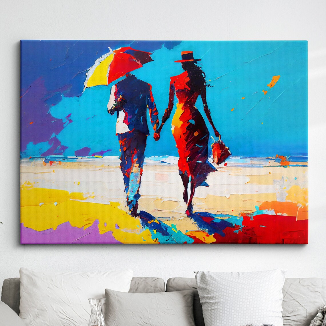 Couple Walking on Beach at Sunset Abstract Oil Painting Poster