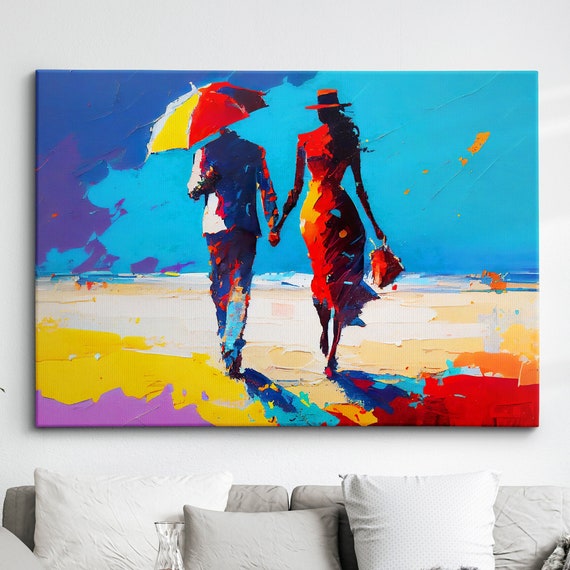 Couple Walking On The Beach Abstract Oil Painting Style Wall Art Framed Canvas Poster Print Home Kitchen Office Room Decor Gifts