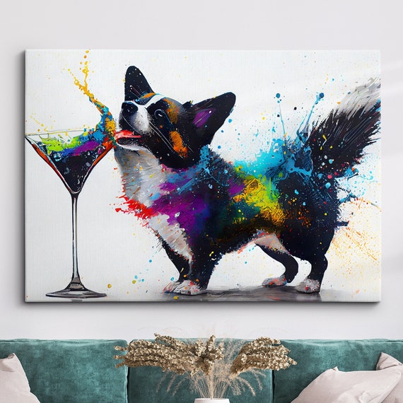 Corgi Toasting Drink Dog Pet Abstract Modern Painting Wall Art Framed Canvas Poster Print Home Kitchen Office Room Decor Gifts