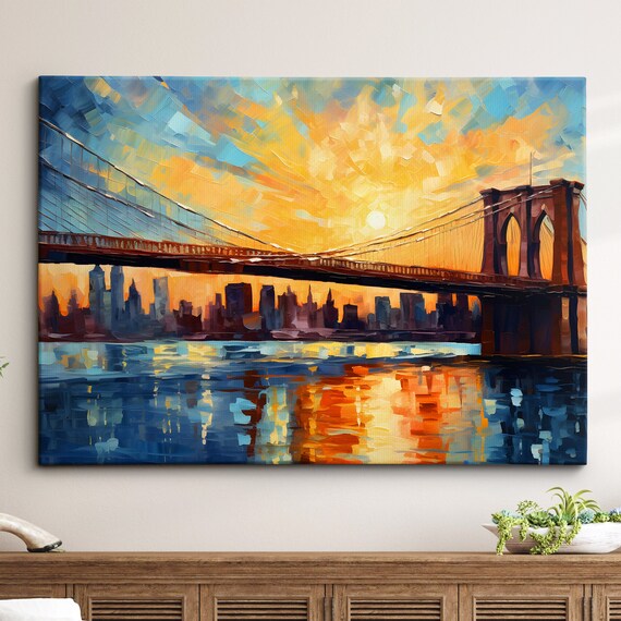 Brooklyn Bridge New York City Golden Sunset Oil Painting Poster