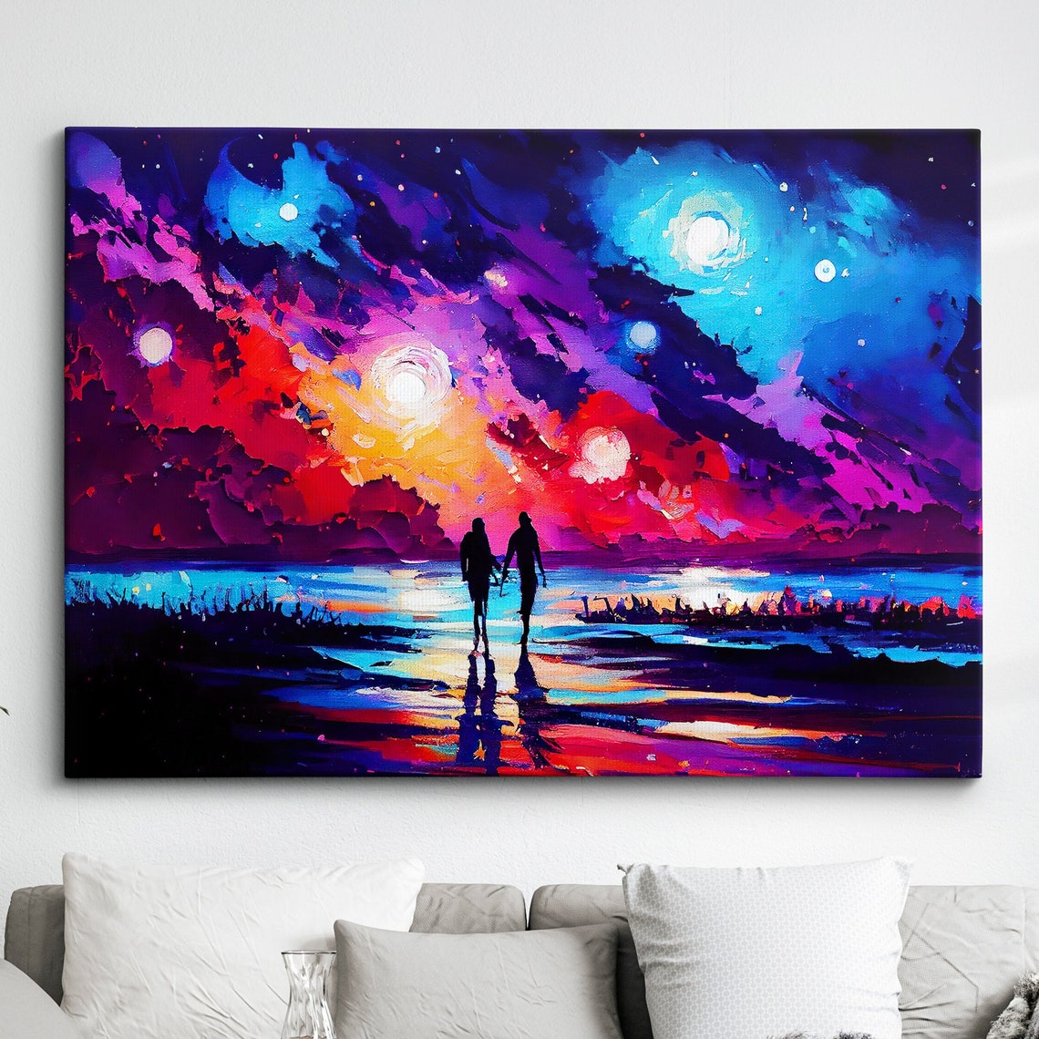 Couple Silhouette Beneath Fiery Crimson Night Sky Beach Wall Art