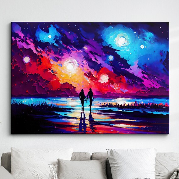 Couple Walking Beach Starry Night Abstract Oil Painting Style Wall Art Framed Canvas Poster Print Home Kitchen Office Room Decor Gifts
