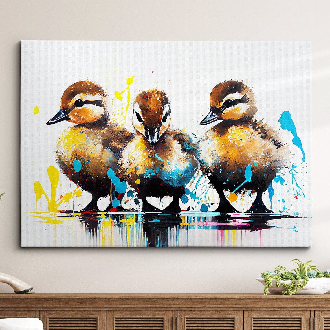 Three Cute Ducklings Watercolor Paint Splatter Animal Art Poster