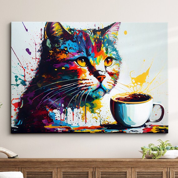 Colorful Cat with Steaming Coffee Mug Whimsical Pet Painting Poster