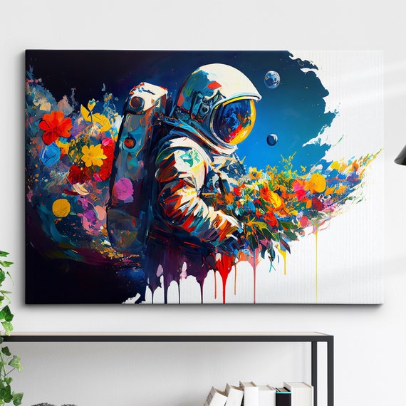 Astronaut Flower Burst Floral Modern Abstract Oil Painting Wall Art Framed Canvas Poster Print Home Kitchen Office Room Decor Gifts