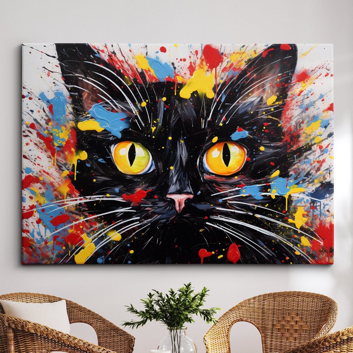 Black Cat Splash Paint Colorful Whimsical Feline Portrait Wall Art