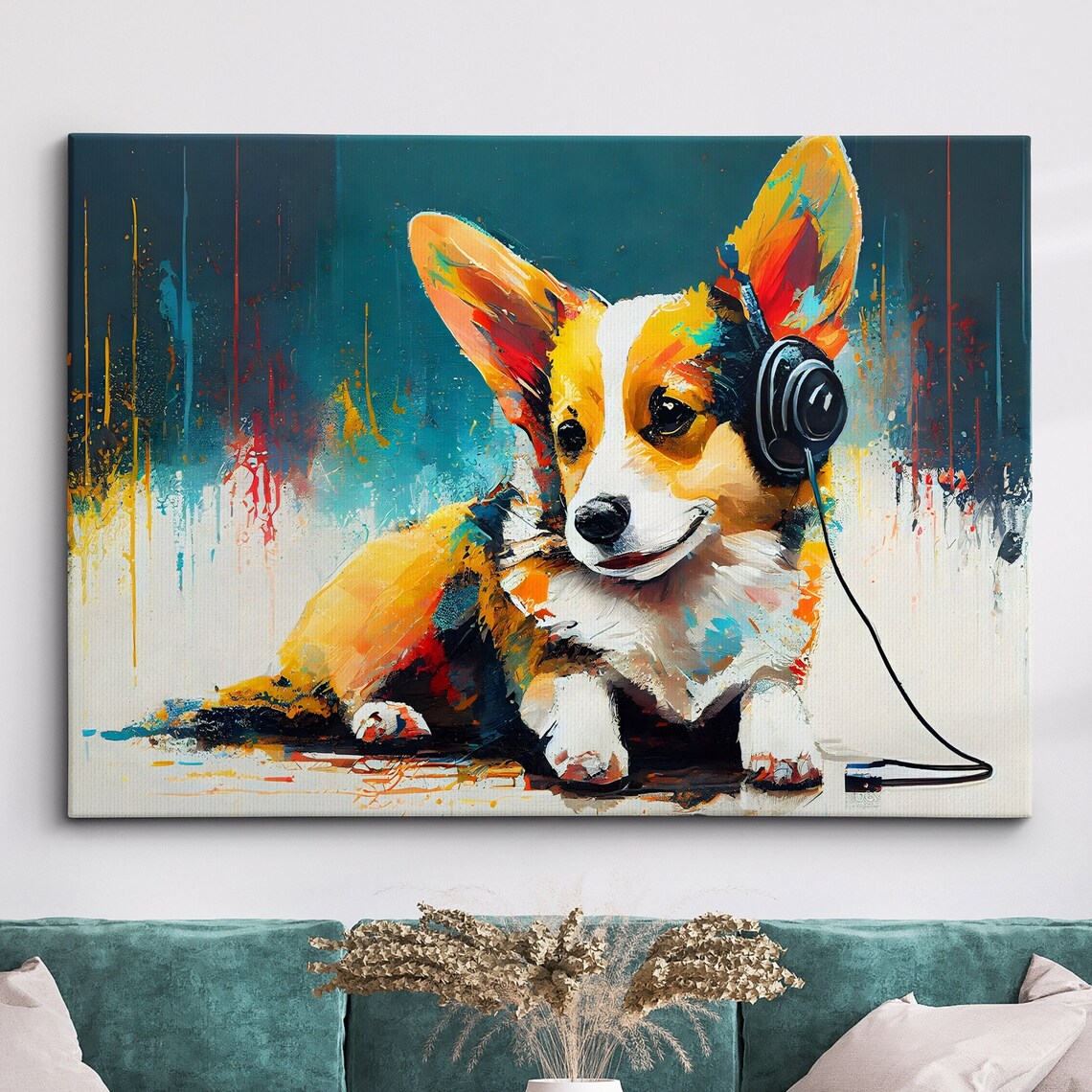 Corgi Puppy Wearing Headphones Colorful Pop Art Dog Poster Gift