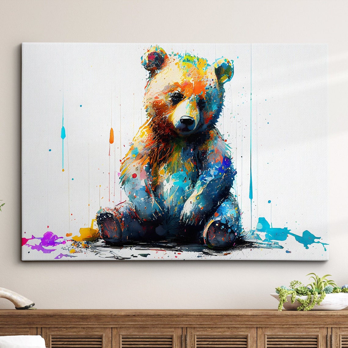Sitting Teddy Bear Cub Colorful Paint Splatter Kids Art Poster