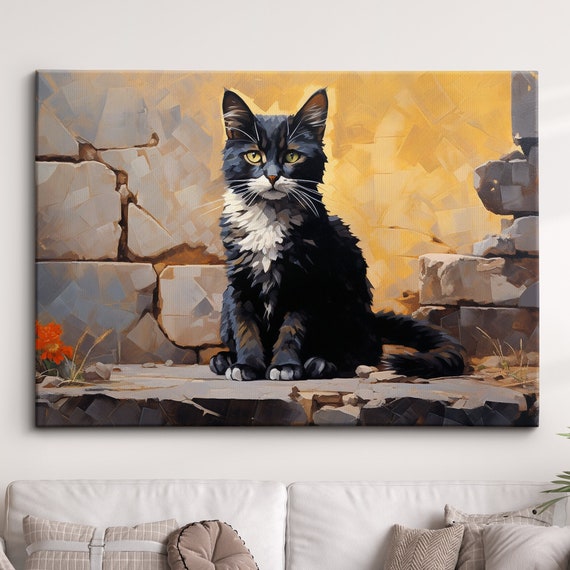 Black Cat Next Sat Down Animal Pet Abstract Modern Painting Wall Art Framed Canvas Poster Print Home Kitchen Office Room Decor Gifts