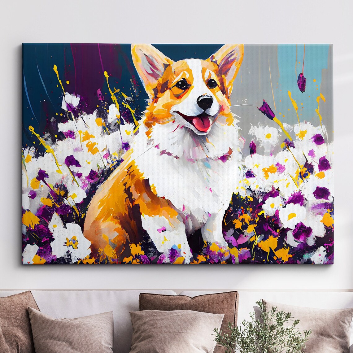 Happy Corgi Dog In Colorful Flowers Abstract Oil Painting Wall Poster