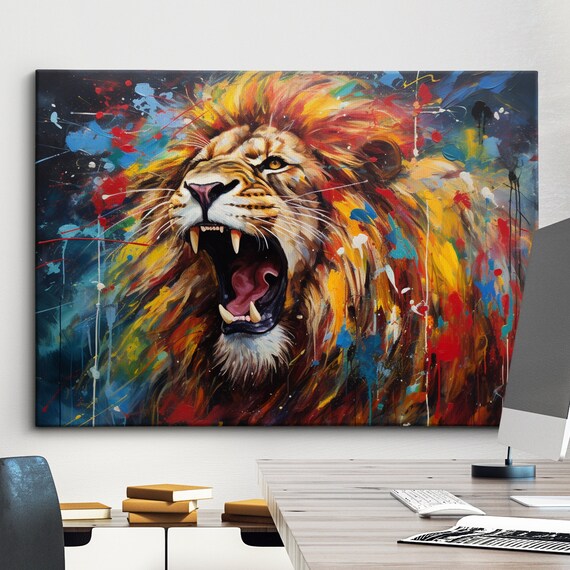 Colorful Lion Roar Abstract Oil Painting Splatter Style Wall Art Framed Canvas Poster Print Home Kitchen Office Room Decor Gifts