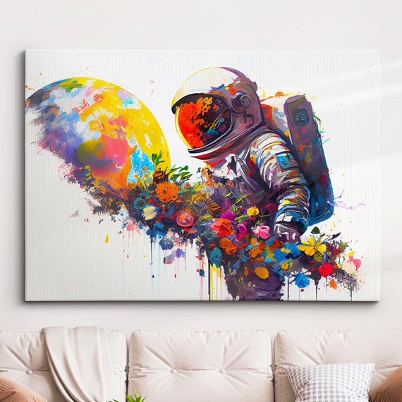 Astronaut Flower Burst Floral Modern Abstract Oil Painting Wall Art Framed Canvas Poster Print Home Kitchen Office Room Decor Gifts