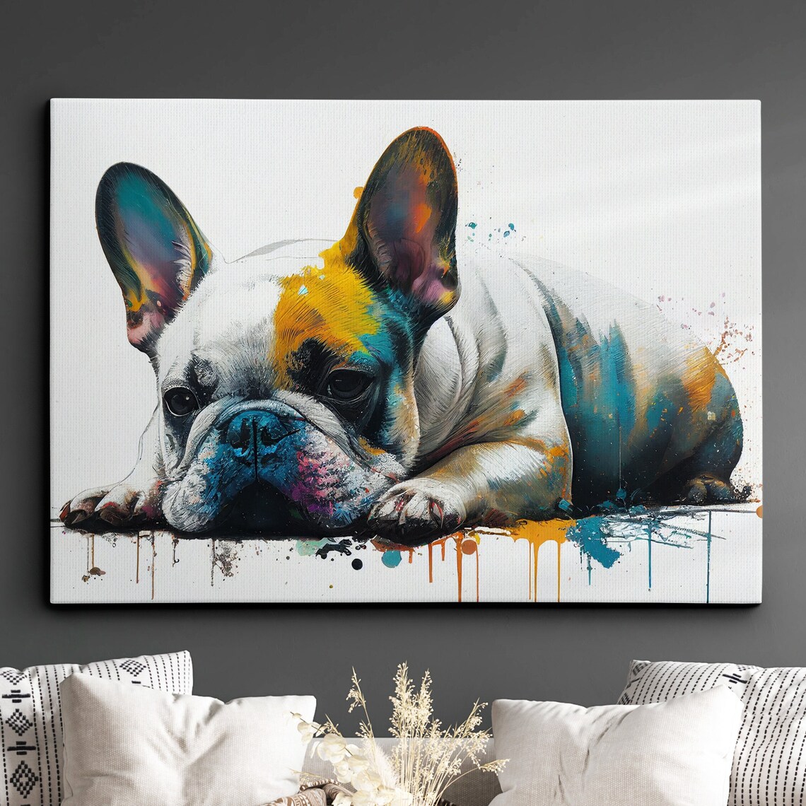 Playful French Bulldog Watercolor Splatter Dog Canvas Art Poster