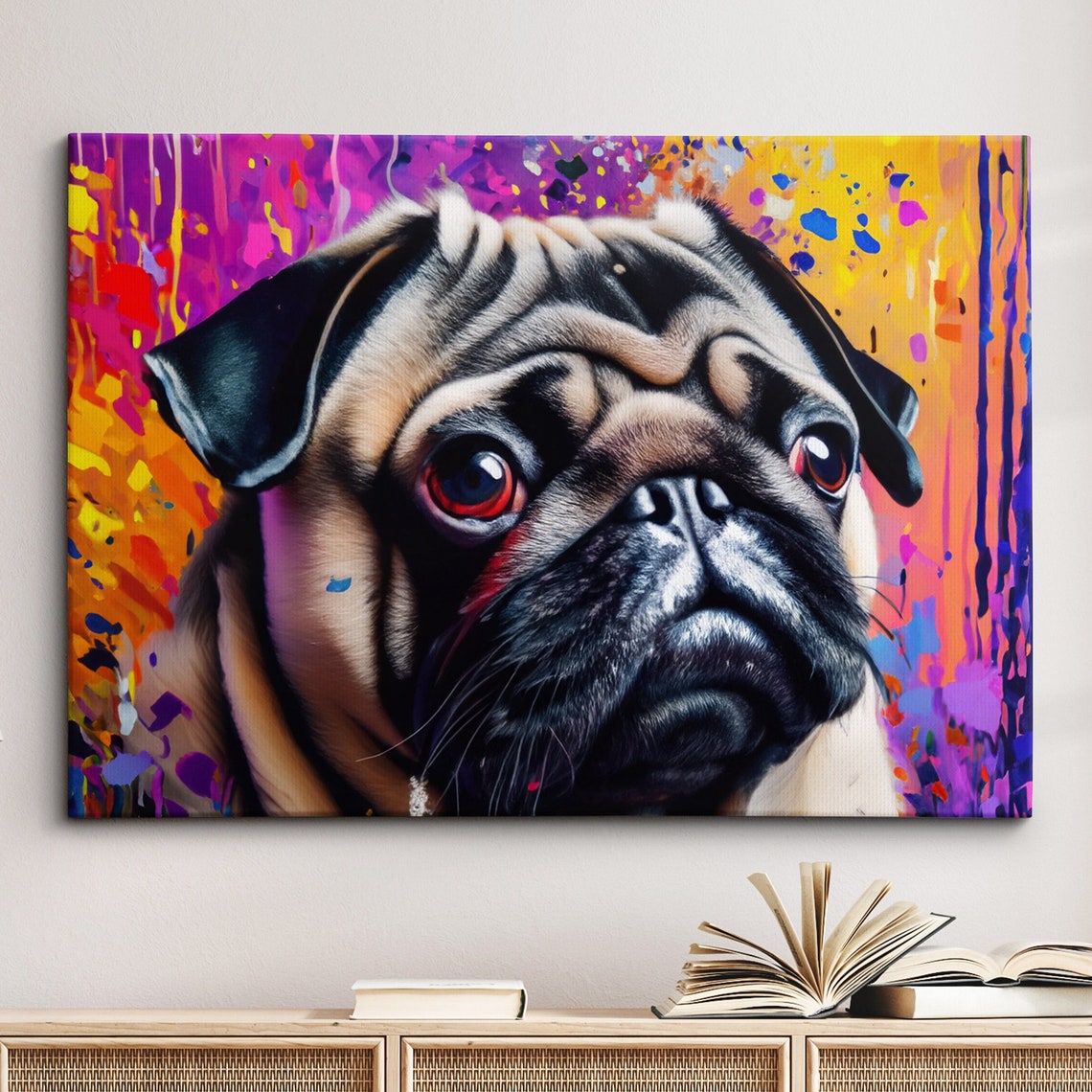 Pug Dog Portrait Colorful Paint Splatter Background Modern Wall Art
