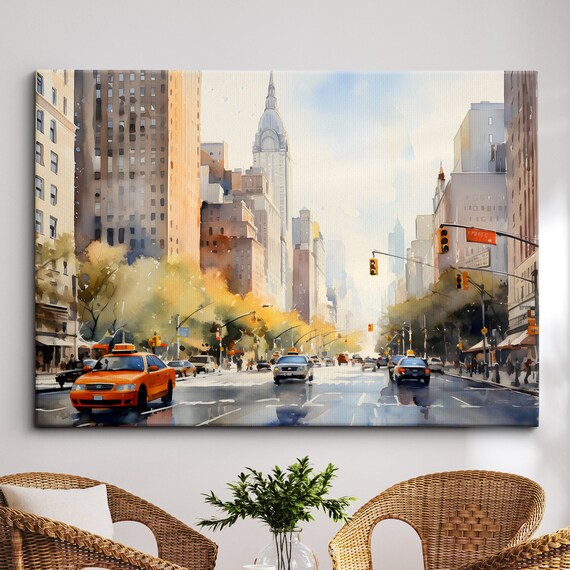 New York City Street Yellow Taxi Cabs Watercolor Skyline Art Poster