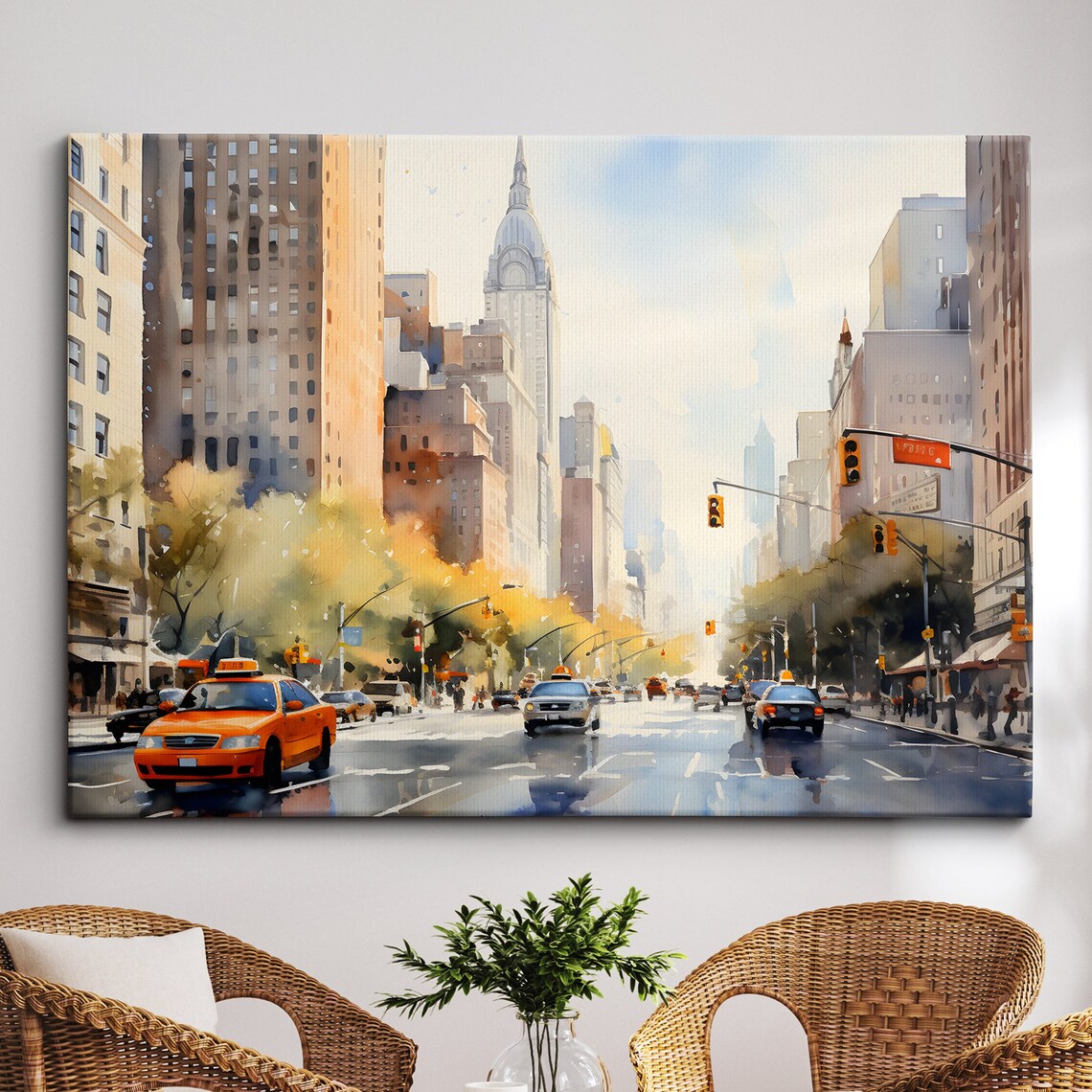 New York City Street Yellow Taxi Cabs Watercolor Skyline Art Poster