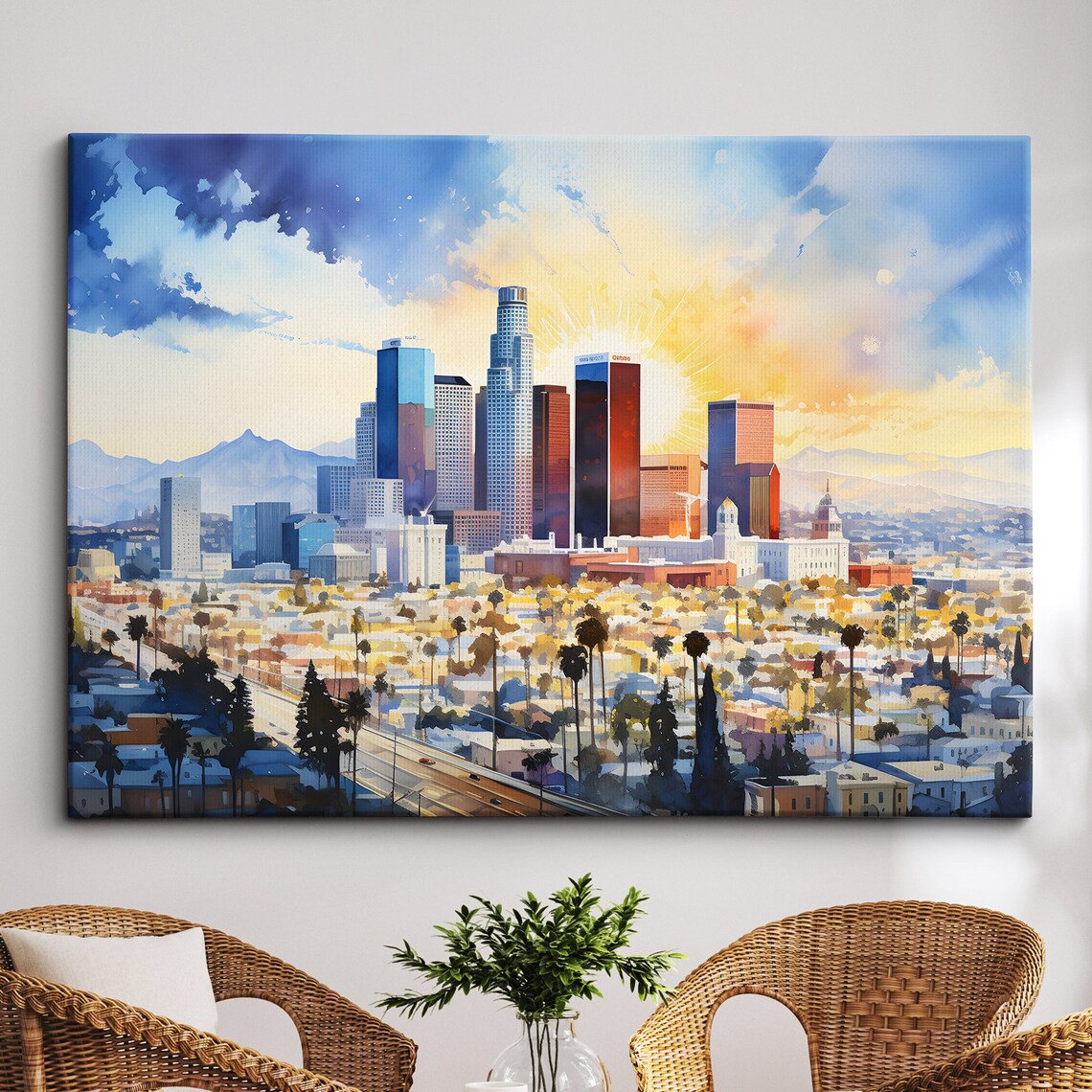 Los Angeles Downtown Skyline Sunset Watercolor Cityscape Poster