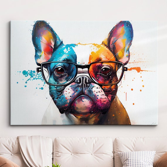 French Bulldog With Glasses Dog Pet Abstract Modern Painting Wall Art Framed Canvas Poster Print Home Kitchen Office Room Decor Gifts