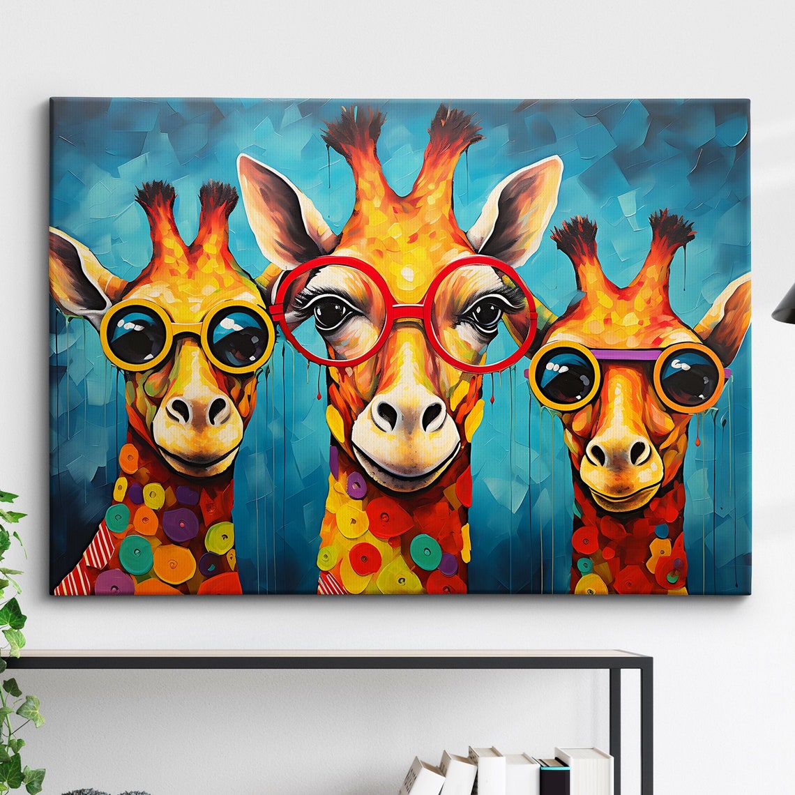 Three Giraffes Wearing Glasses Funny Pop Art Poster Decor Gift