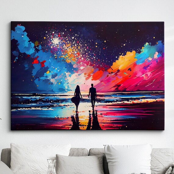 Couple Walking Beach Starry Night Abstract Oil Painting Style Wall Art Framed Canvas Poster Print Home Kitchen Office Room Decor Gifts