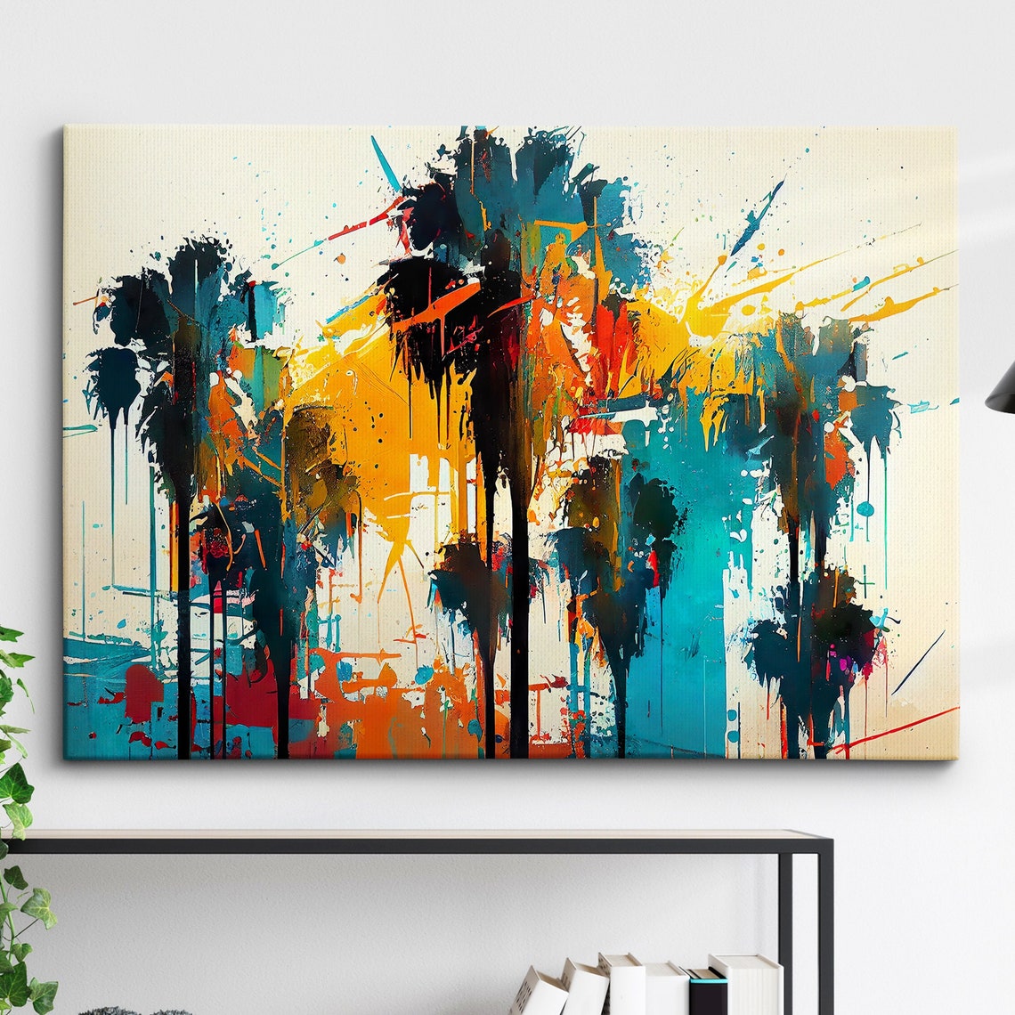 Bright Colorful Palm Trees Modern Abstract Painting Wall Art Framed Canvas Poster Print Home Kitchen Office Room Decor Gifts