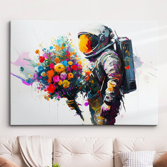 Astronaut Bouquet Flowers Burst Floral Abstract Oil Painting Wall Art Framed Canvas Poster Print Home Kitchen Office Room Decor Gifts