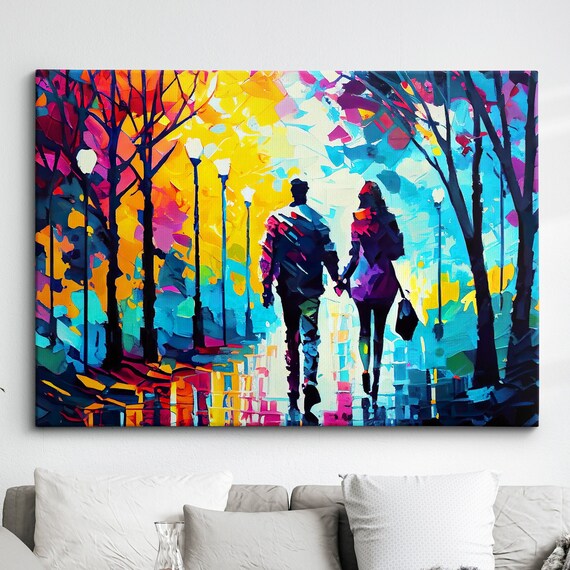 Couple Walking Starry Night Abstract Oil Painting Style Wall Art Framed Canvas Poster Print Home Kitchen Office Room Decor Gifts