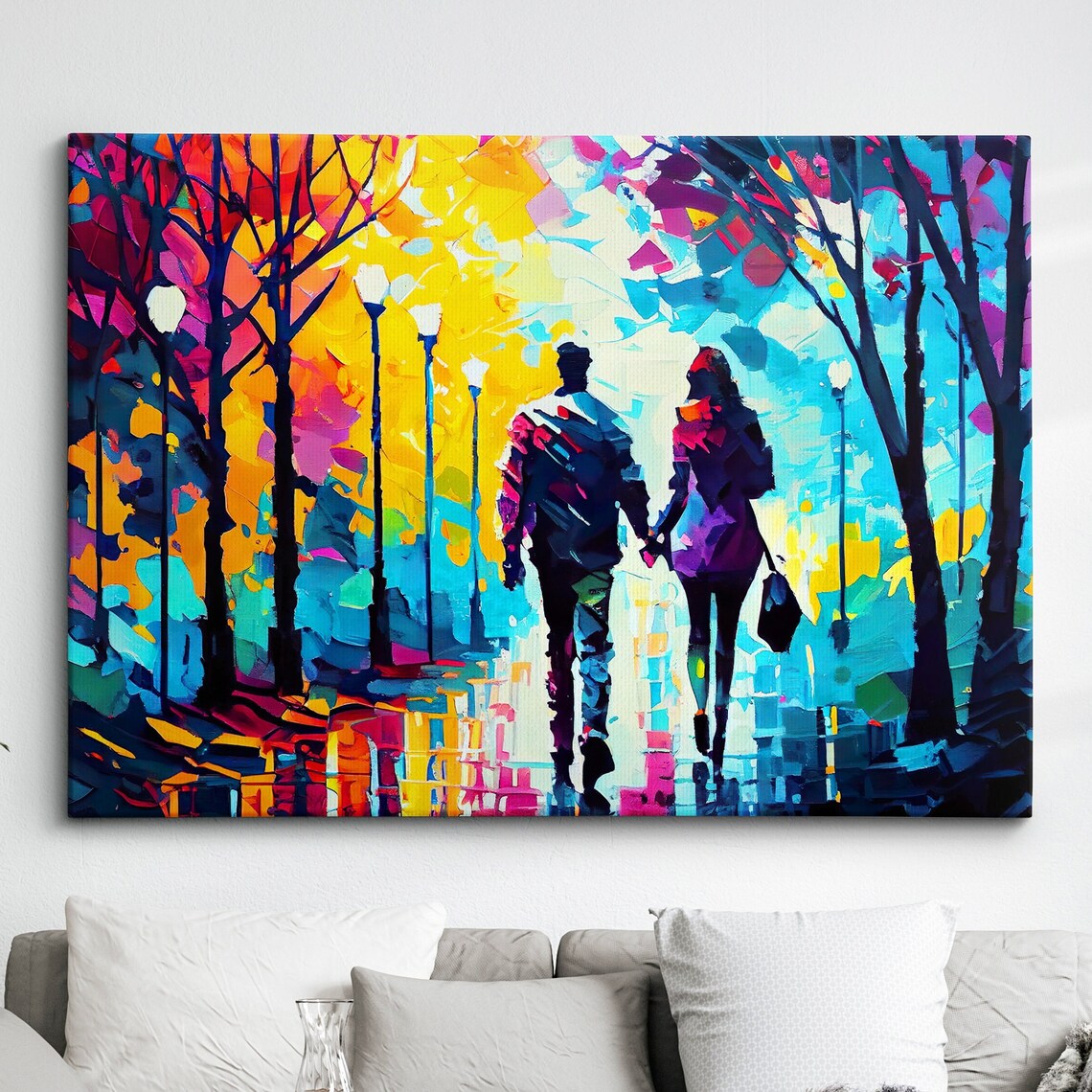 Couple Walking Through Autumn Park Vibrant Abstract Oil Poster