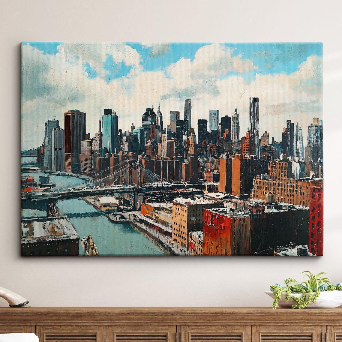 New York City Bridges Skyline Tourist Landmark Oil Painting Style Wall Art Framed Canvas Poster Print Homeoffice Room Decor Usa Gifts