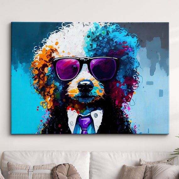 Poodle In Suit And Glasses Dog Pet Abstract Modern Painting Wall Art Framed Canvas Poster Print Home Kitchen Office Room Decor Gifts