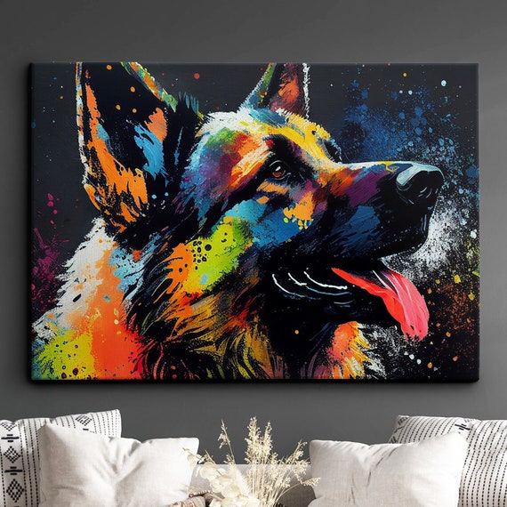 German Shepherd Abstract Dog Pet Animal Painting Splatter Wall Art Framed Canvas Poster Print Home Kitchen Office Room Decor Gifts