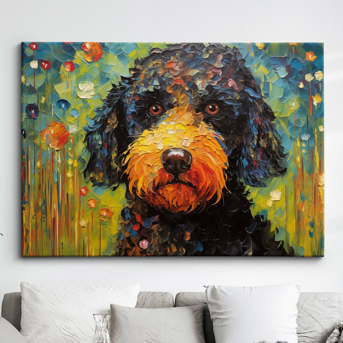 Curly Poodle Dog Impasto Oil Painting Portrait Colorful Wall Art