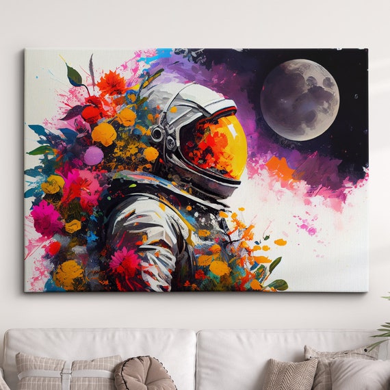 Astronaut Flower Floral Space Floating Moon Abstract Oil Painting Wall Art Framed Canvas Poster Print Homeoffice Room Decor Gifts