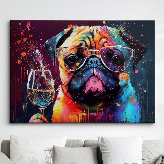 Pug Drinking Wine Fun Animal Dog Pet Lover Abstract Oil Painting Wall Art Framed Canvas Poster Print Home Kitchen Office Room Decor Gifts