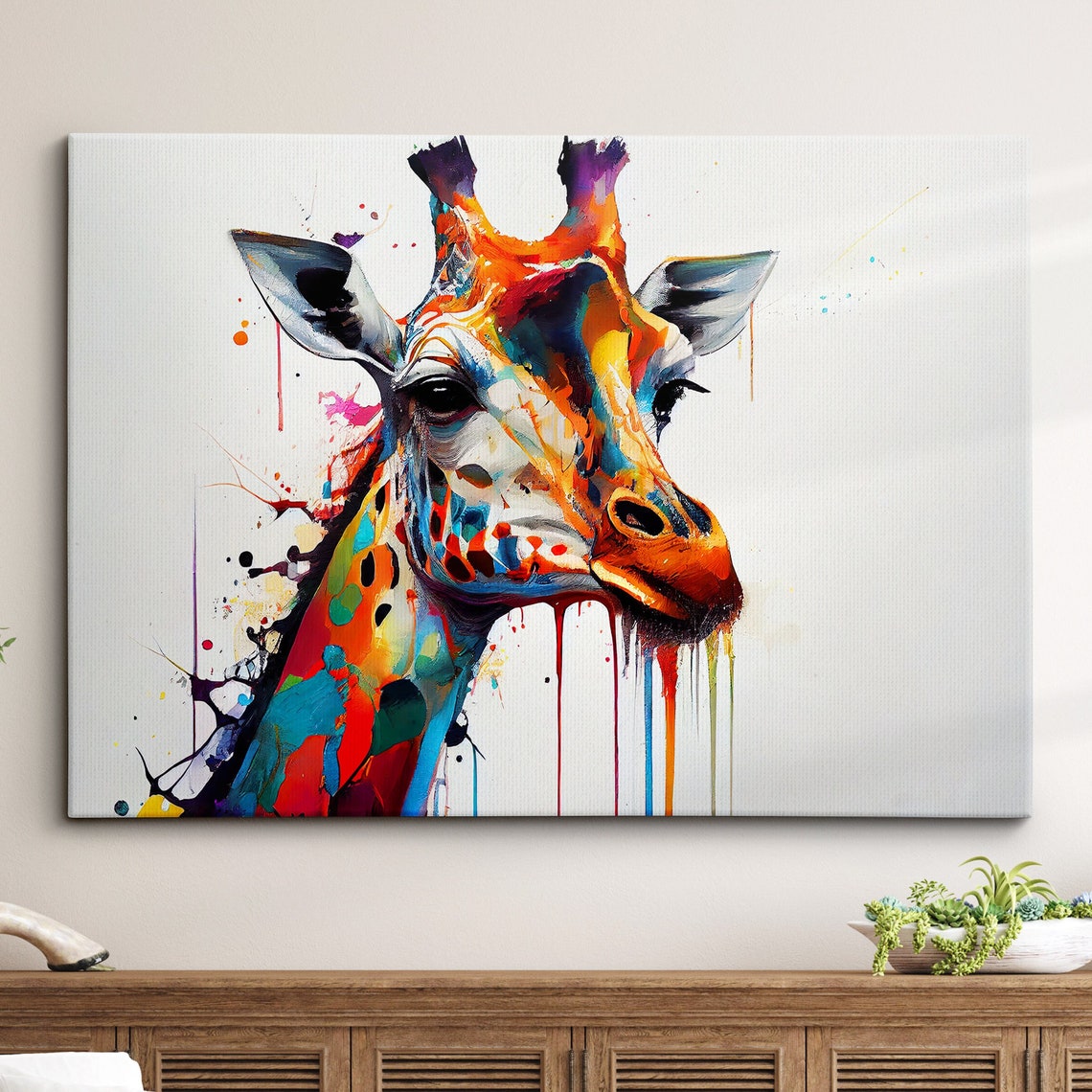 Rainbow Giraffe Head Abstract Splatter Paint Portrait Poster