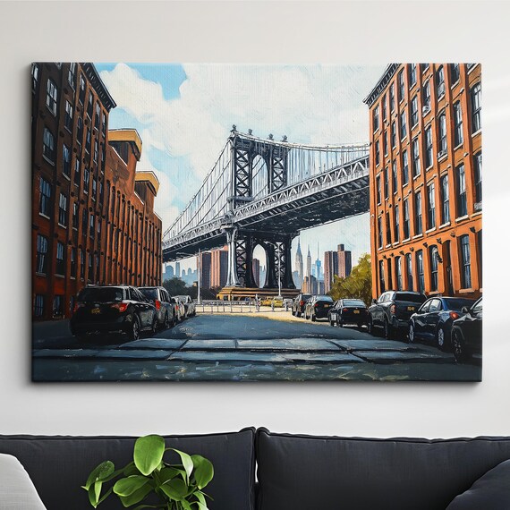 Manhattan Bridge New York Street Painting With Taxi Cabs Poster