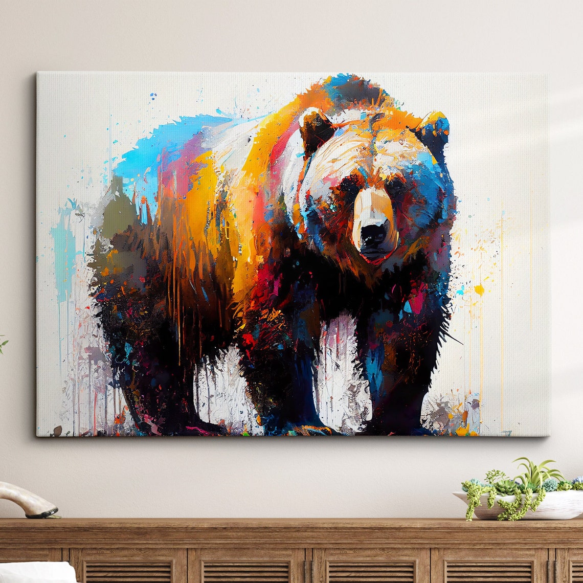 Grizzly Bear Colorful Splatter Abstract Painting on White Wall Art