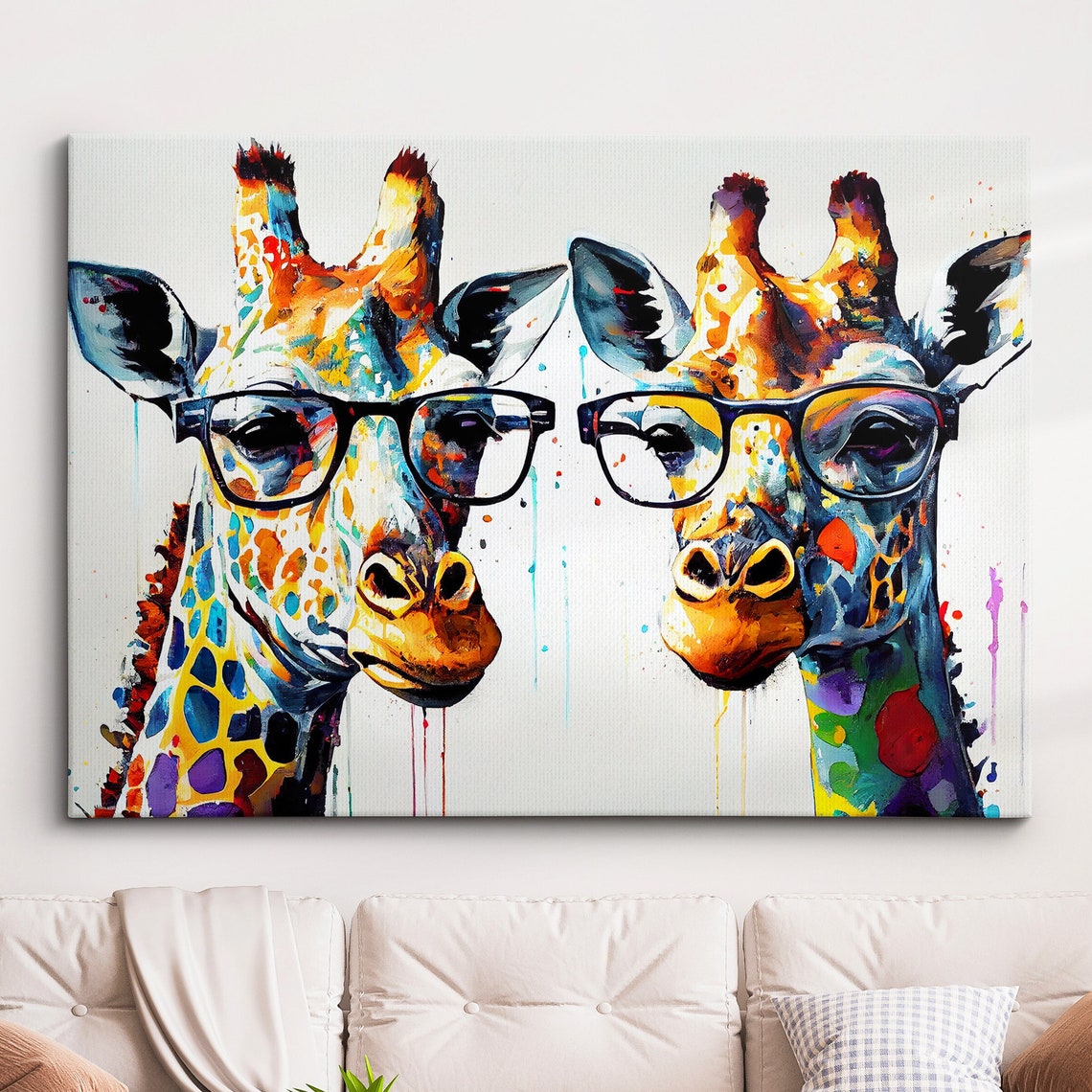 Giraffes With Glasses Colorful Abstract Funny Animal Wall Art