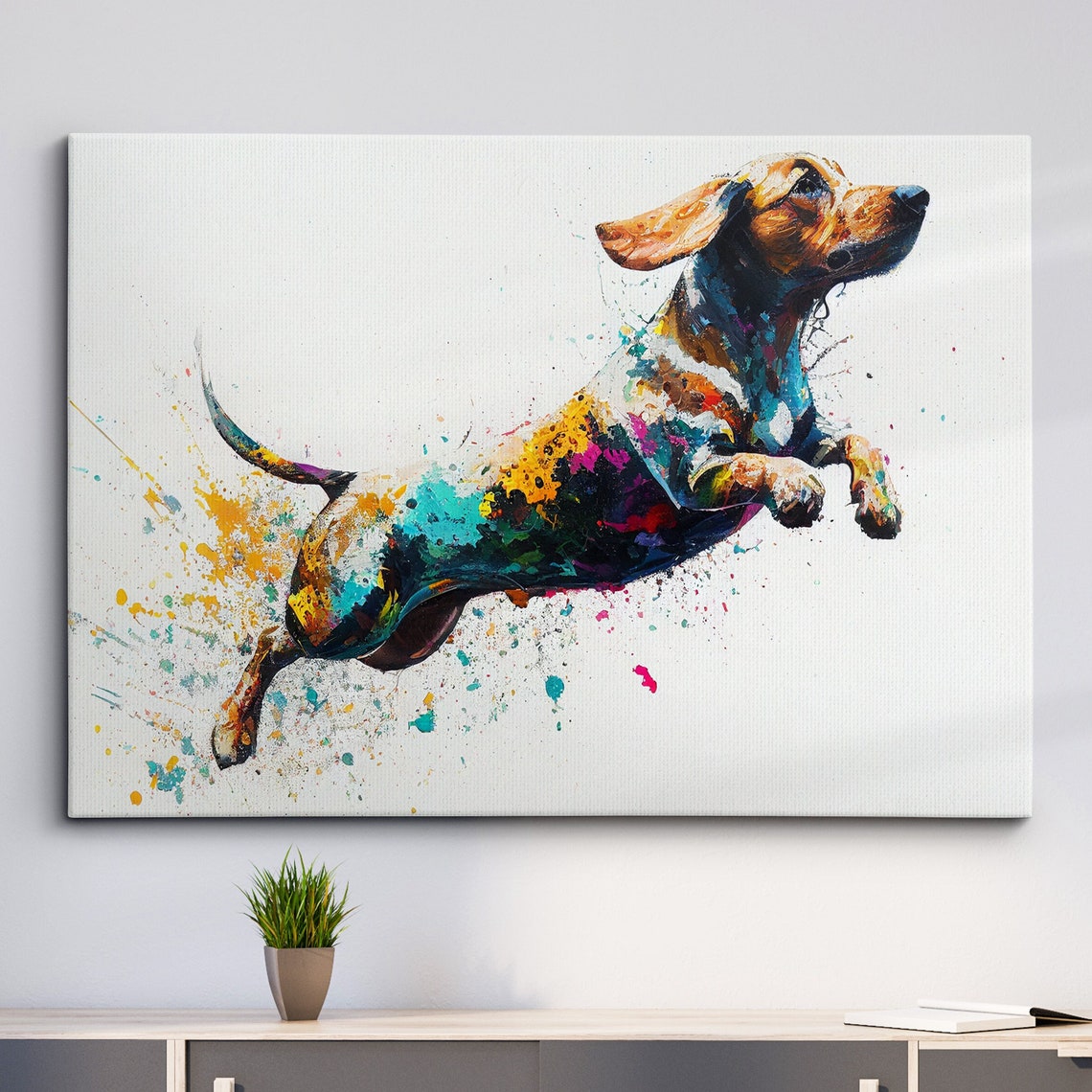 Dachshund Jumping Splash Paint Playful Sausage Dog Art Poster