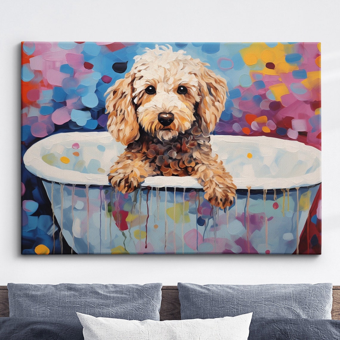Puppy in Paint Bathtub Colorful Playful Dog Portrait Wall Art