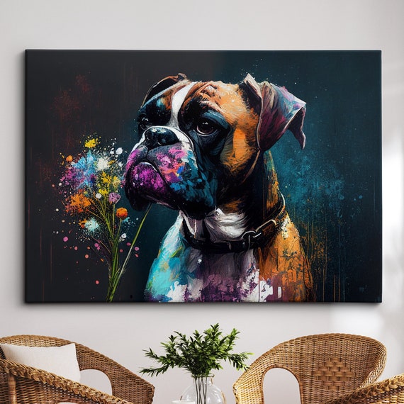 Boxer With Flowers Dog Pet Abstract Modern Oil Painting Wall Art Framed Canvas Poster Print Home Kitchen Office Room Decor Gifts