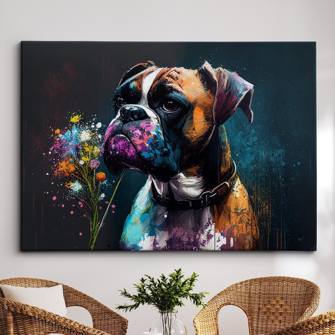 Boxer Dog Holding Wildflowers Colorful Dark Art Portrait Poster