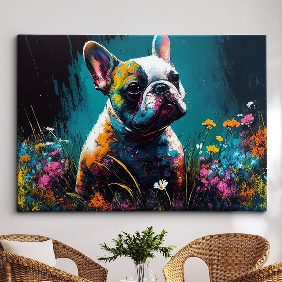 French Bulldog With Flowers Dog Pet Abstract Modern Oil Painting Wall Art Framed Canvas Poster Print Home Kitchen Office Room Decor Gifts