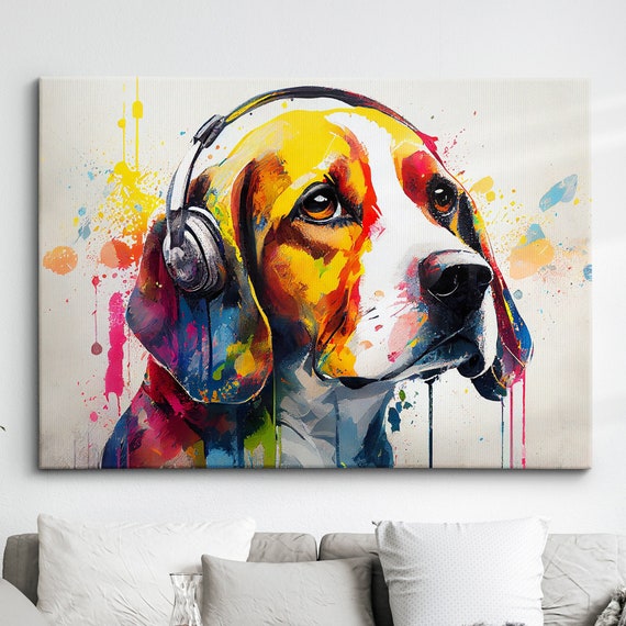 Beagle Headphones Abstract Dog Pet Animal Painting Splatter Wall Art Framed Canvas Poster Print Home Kitchen Office Room Decor Gifts