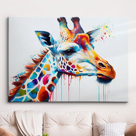 Colorful Giraffe Abstract Oil Painting Splatter Style Wall Art Framed Canvas Poster Print Home Kitchen Office Room Decor Gifts